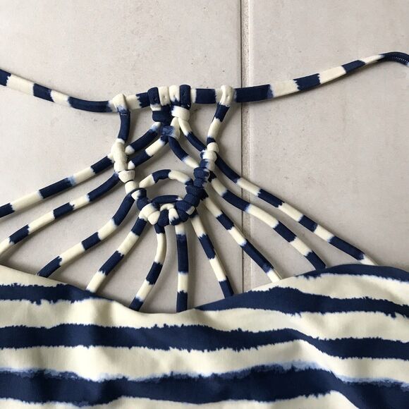 Tori Praver One Piece Swimsuit Striped Indigo Macrame Swimwear - Picture 2 of 8